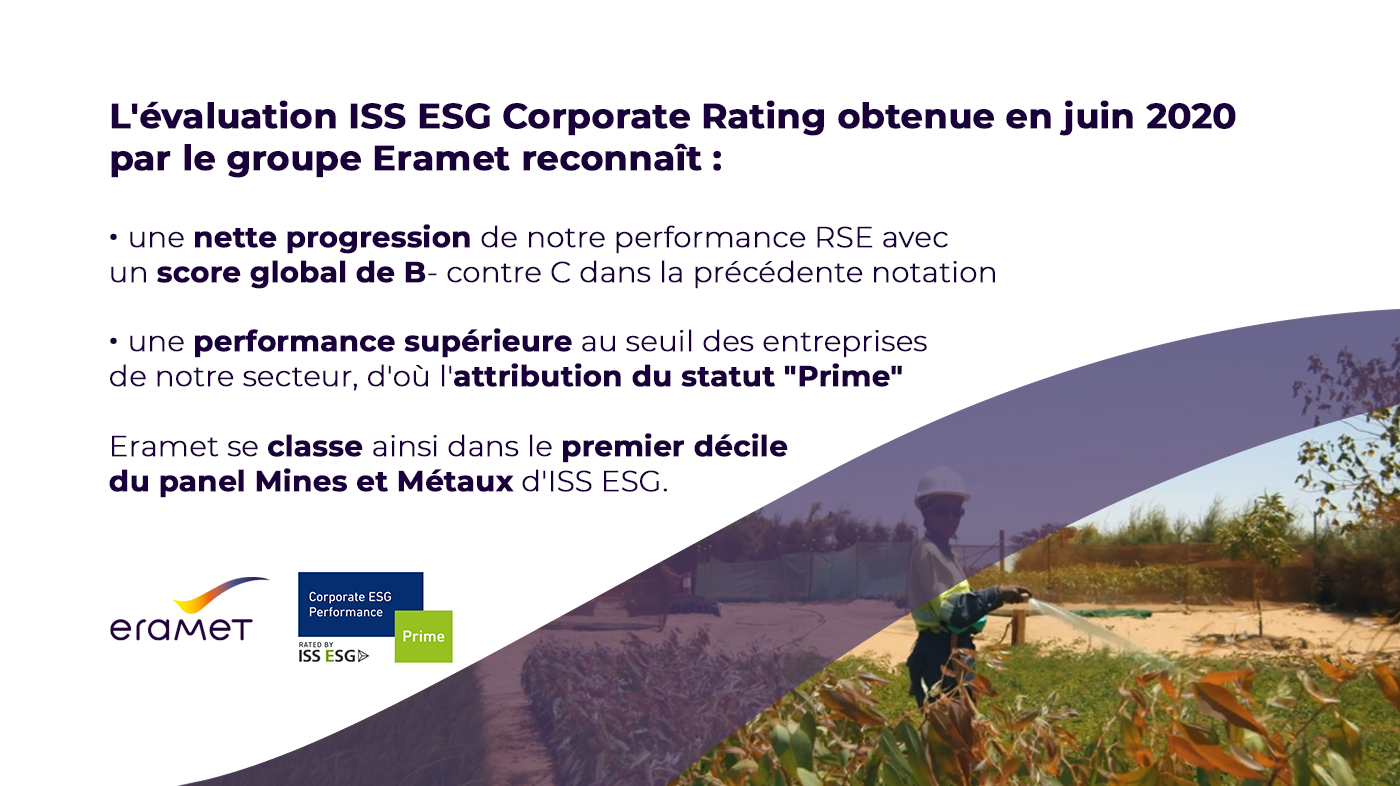 Visuel reprenant les principaux points de l'évaluation de la performance RSE du groupe Eramet par ISS ESG