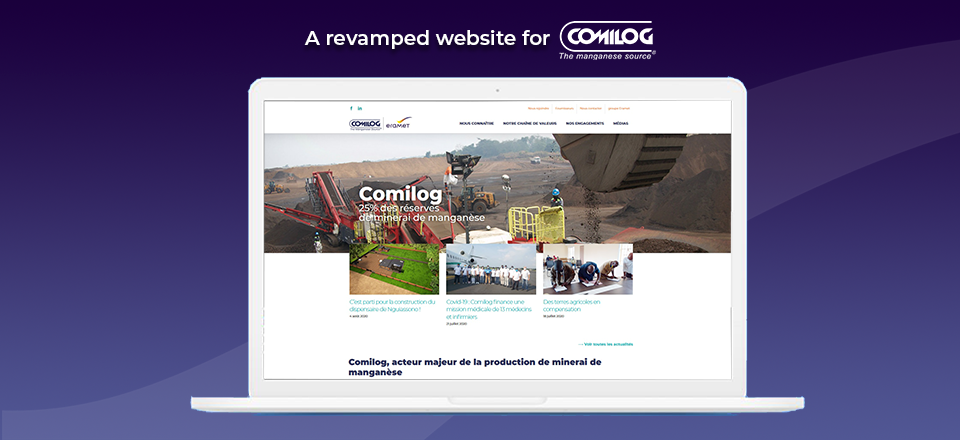 Screenshots of Comilog's new website homepage
