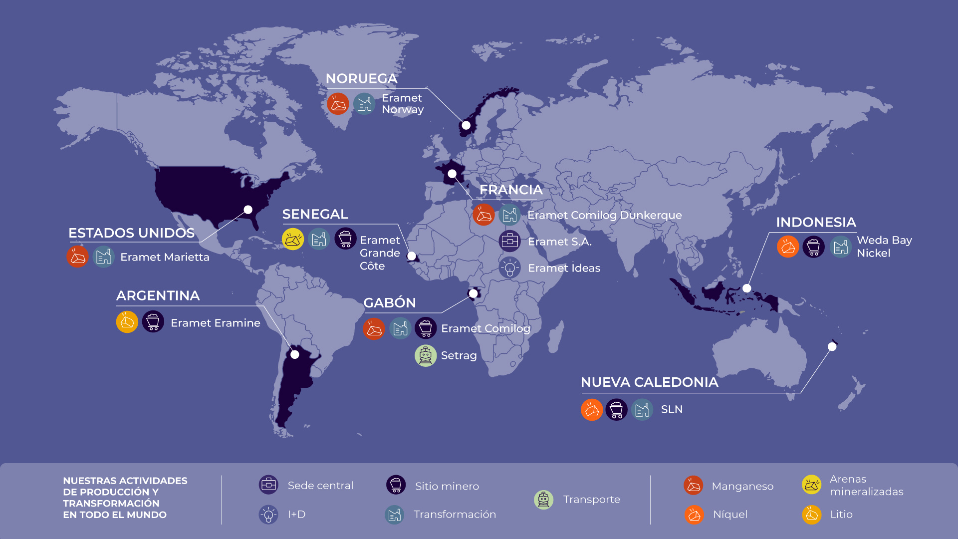 Implantation-filiales-Eramet_ES 1 Mapa de los emplazamientos de Eramet y sus filiales